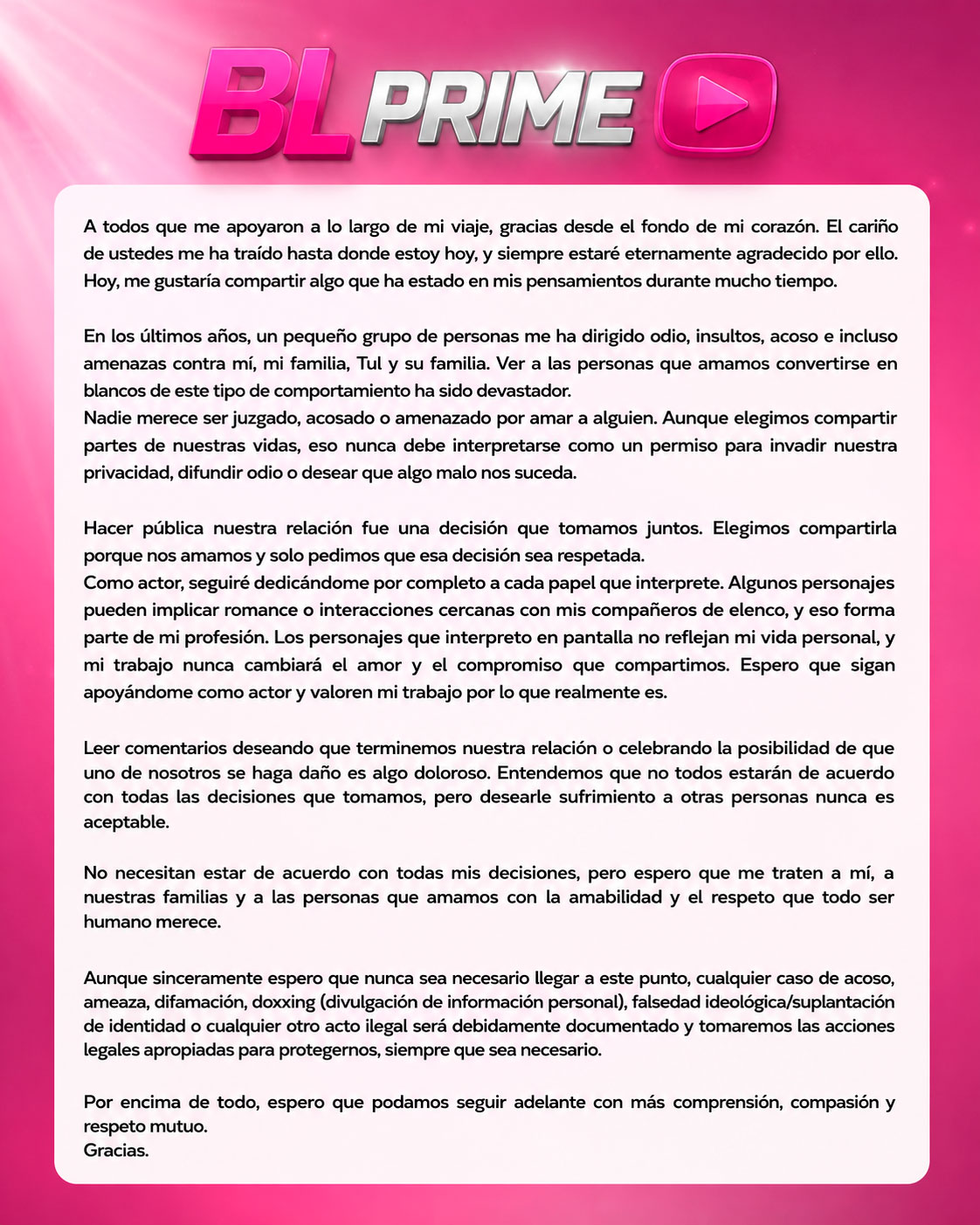 Mew Suppasit publica una carta abierta y pide respeto por su vida privada y su relación con Tul